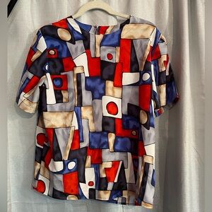 Katy Che vintage 80 Abstract Geometric Short Sleeve Top